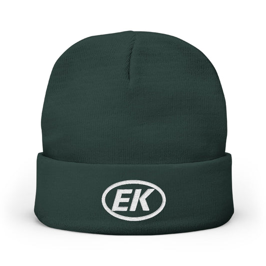 EK Embroidered Knit Beanie – Cozy Winter Hat with Oval Logo